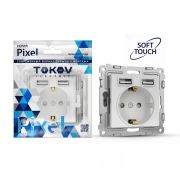 Розетка 1-м СП Pixel IP20 с заземл. с 2-мя заряд. устр. USB тип A+A механизм айс TOKOV ELECTRIC TKE-PX-R1U2A-C34